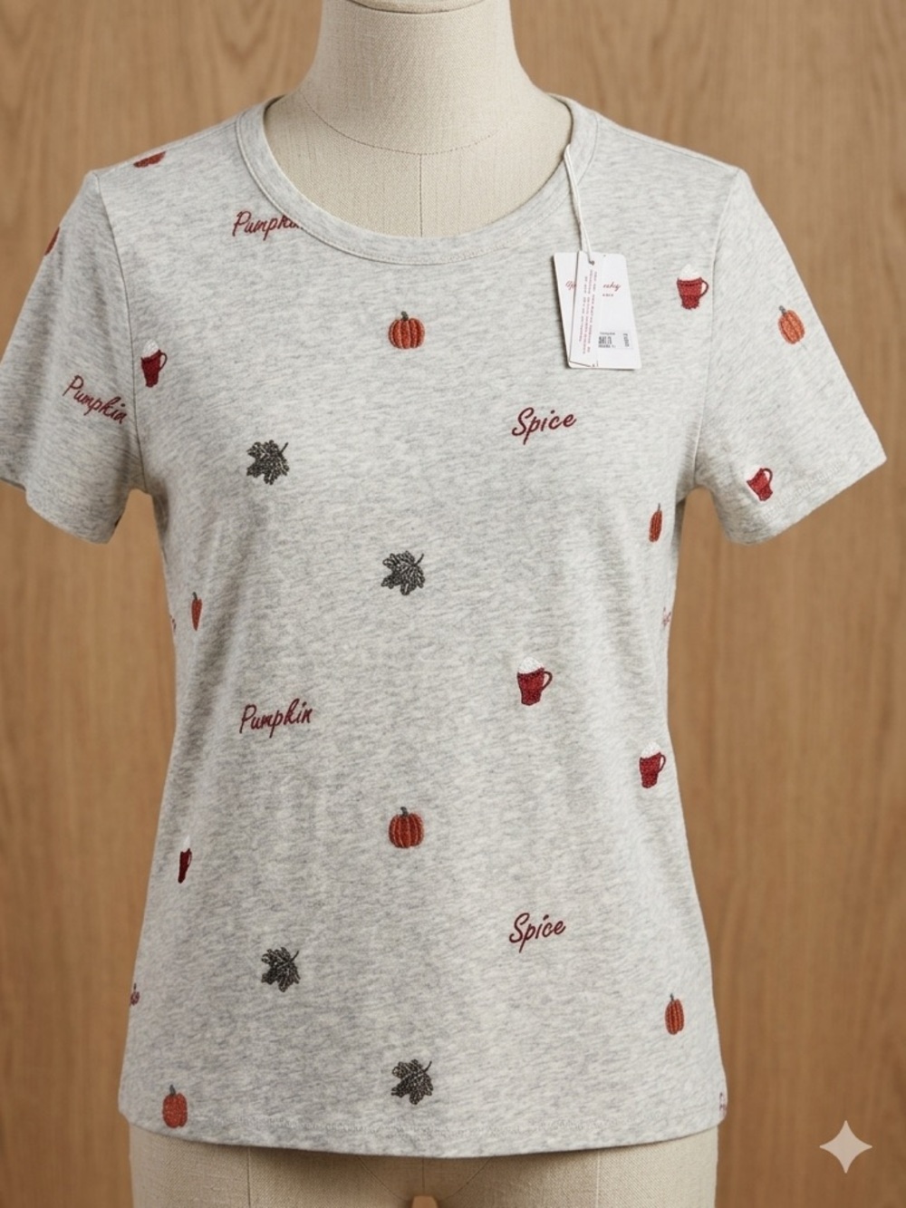 Lucky Brand Women’s Gray Fall Themed T-Shirt Short Sleeve Crew Neck Embroidered